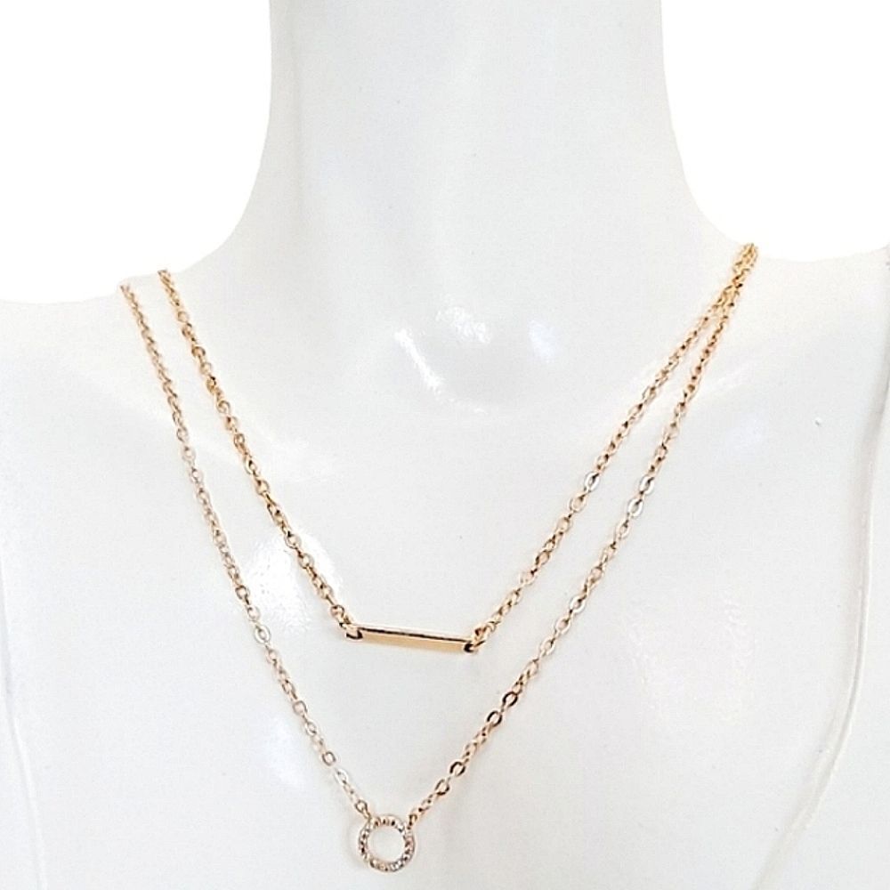 Gold Statement Layered Necklace dainty bar & rhinestone ring pendants 💖2/$30